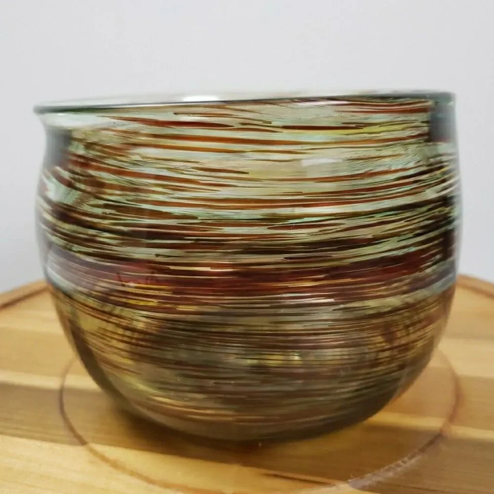 David Kolasky Signed Studio Blown Art Glass Vase Brown & Multi Swirls Bowl